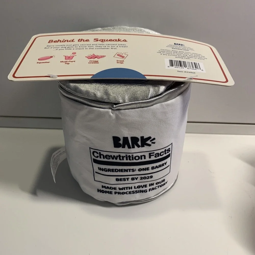 Bark Box Dog Toy CANNED BARRY 2023 Seasonal‎ LARGE Crinkle Squeaky Multi TOY